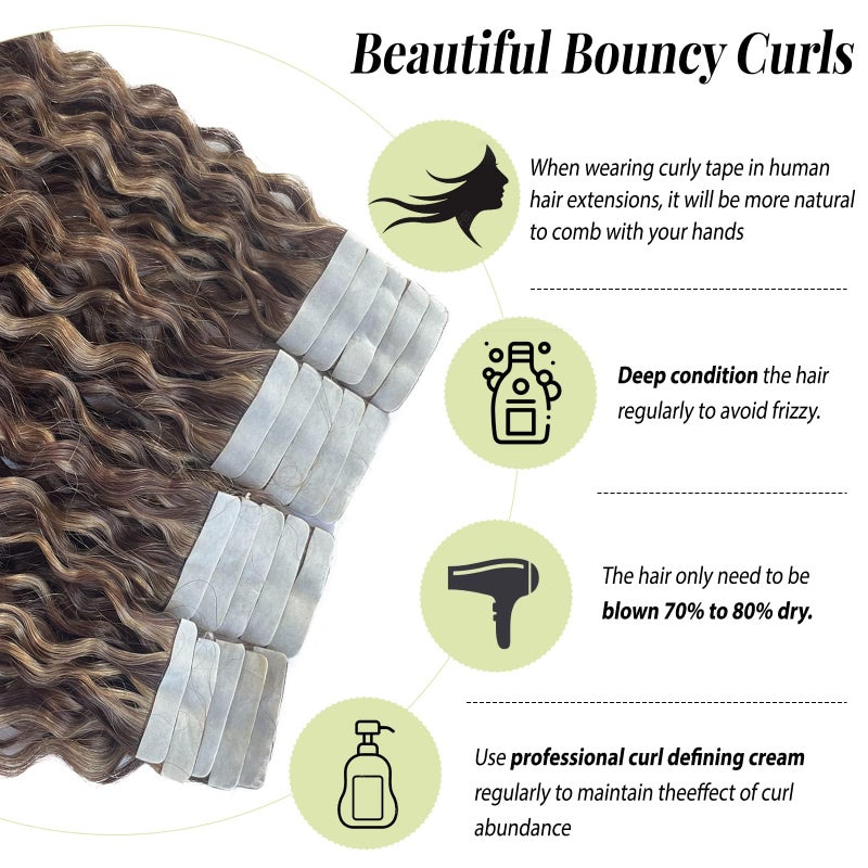 Valiilo Tape in Hair Extensions 20 Pieces 50g 22 Inch Jerry Curly Human Hair Brown to Caramel Blonde Highlights Double Sided Tape ins - Image 3